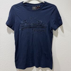 Superdry Vintage Japanese Logo Embroidered Navy Short Sleeve Tee Womens Sz 4
